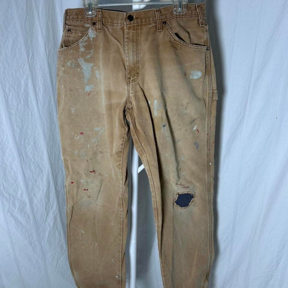 Dickies Carpenter Pants Men's 34X34 Kaki Relaxed Fit Canvas‎ (Distressed)